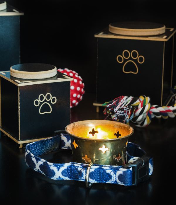 Cremation urns of pets kept on a table<br />
